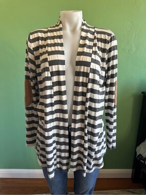 Striped Open-Front Women's Cardigan with Elbow Patches Gray & Cream
